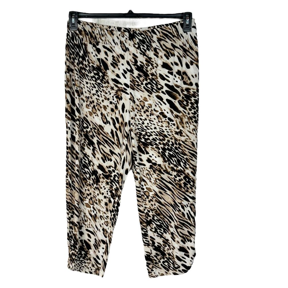 Chico’s SZ 2 (Large) Crop Pants Animal Print Stretch Elastic Waist Hi-Rise Brown
